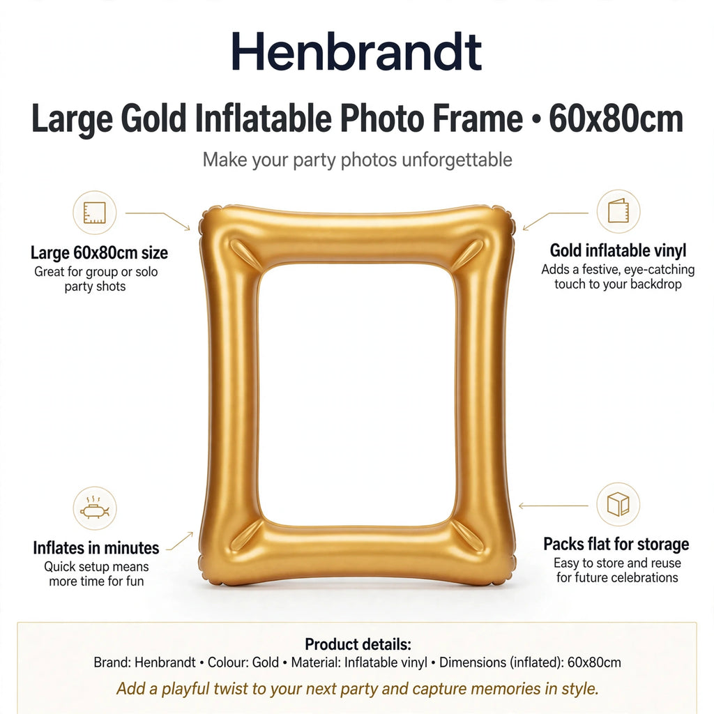 Infographic showing large 60x80cm size, gold inflatable vinyl, quick inflation, and flat packing