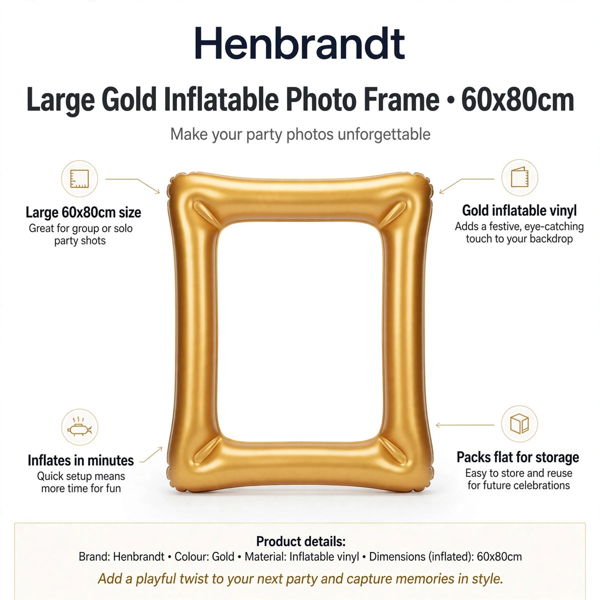Infographic showing large 60x80cm size, gold inflatable vinyl, quick inflation, and flat packing