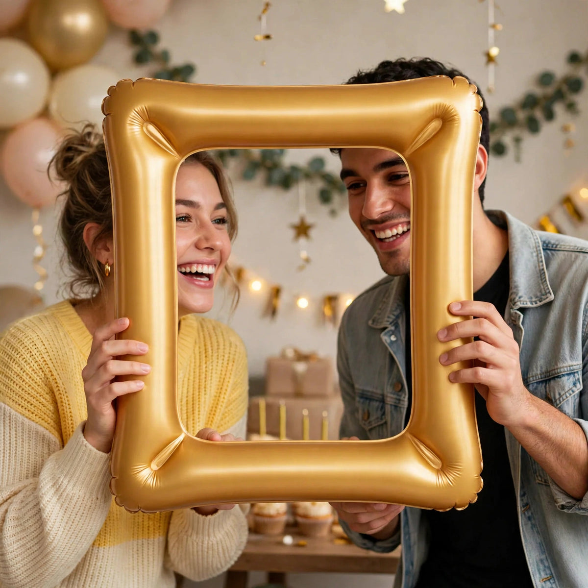 Henbrandt gold inflatable photo frame used at a party for photo booth pictures