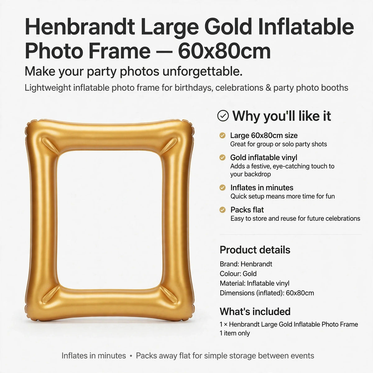 Information on quick inflation, large size for group or solo shots, and flat packing for storage