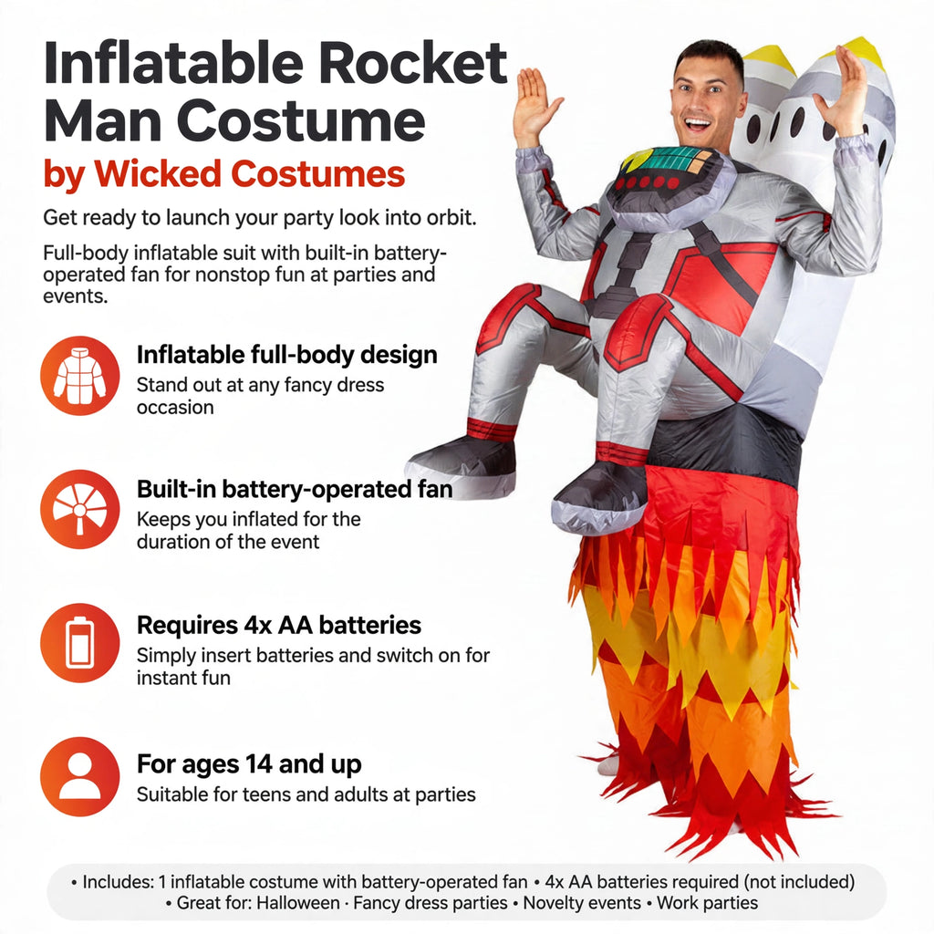 Features inflatable full-body design and built-in battery-operated fan requiring 4 AA batteries