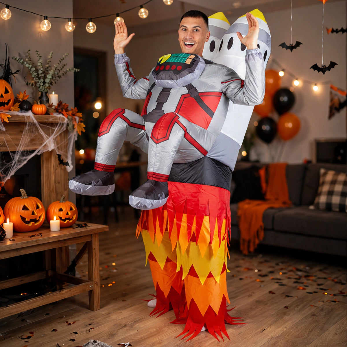 Person wearing Inflatable Rocket Man Costume at a party or fancy dress event