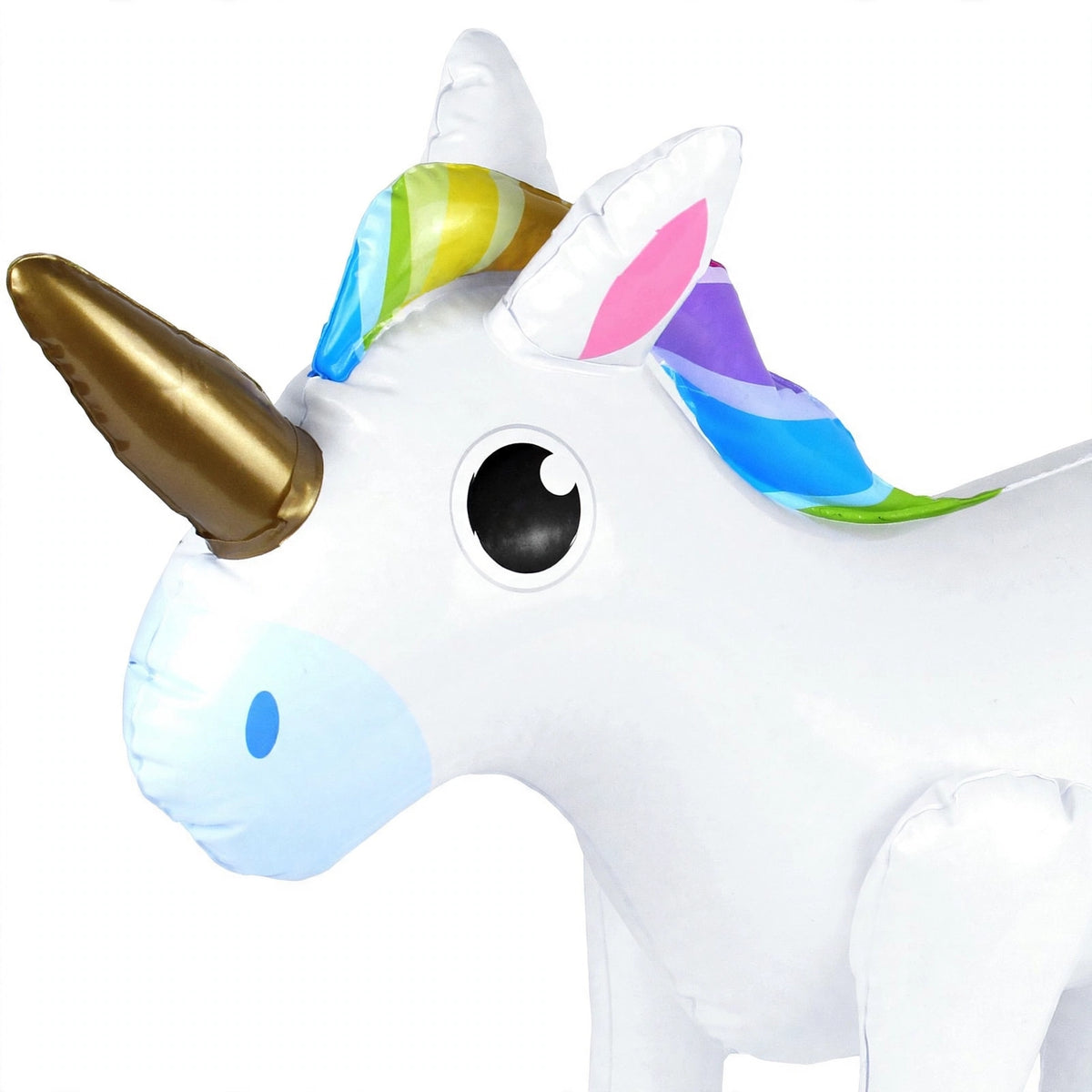 Close-up view of inflatable unicorn showing rainbow mane, gold horn, and printed facial features