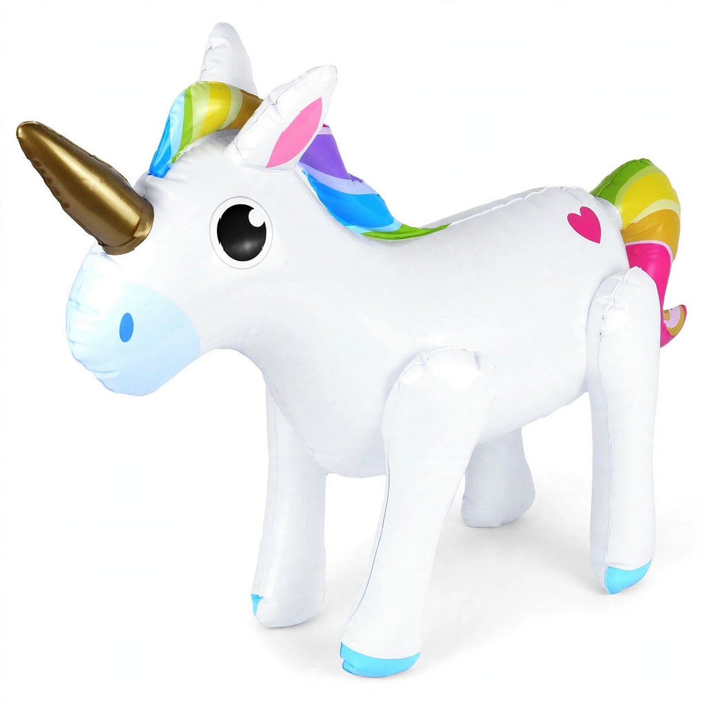 Inflatable unicorn with white body, rainbow mane, gold horn, and printed face