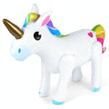 Inflatable unicorn with white body, rainbow mane, gold horn, and printed face