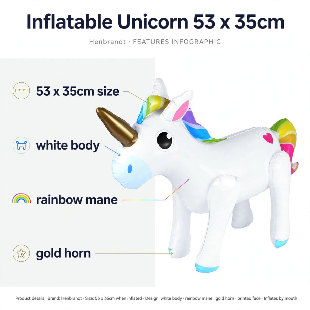 Infographic showing inflatable unicorn features including size 53 x 35cm, white body, rainbow mane, gold horn, and printed face