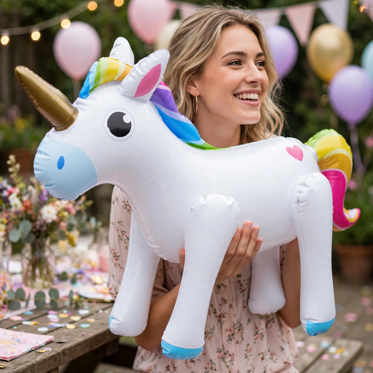 Inflatable unicorn used as a decoration or photo prop at a party