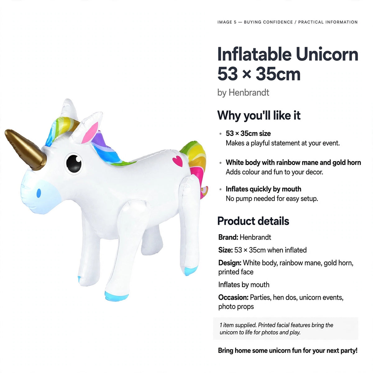Inflatable unicorn inflates quickly by mouth without a pump for party use