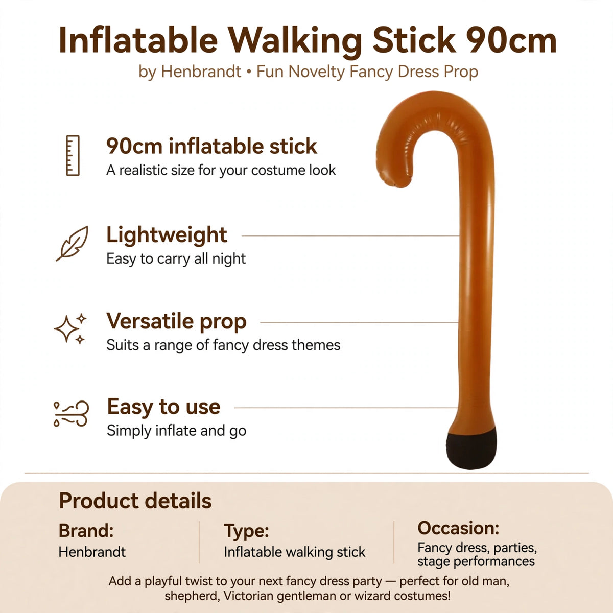 Infographic showing 90cm inflatable walking stick features lightweight and easy to use