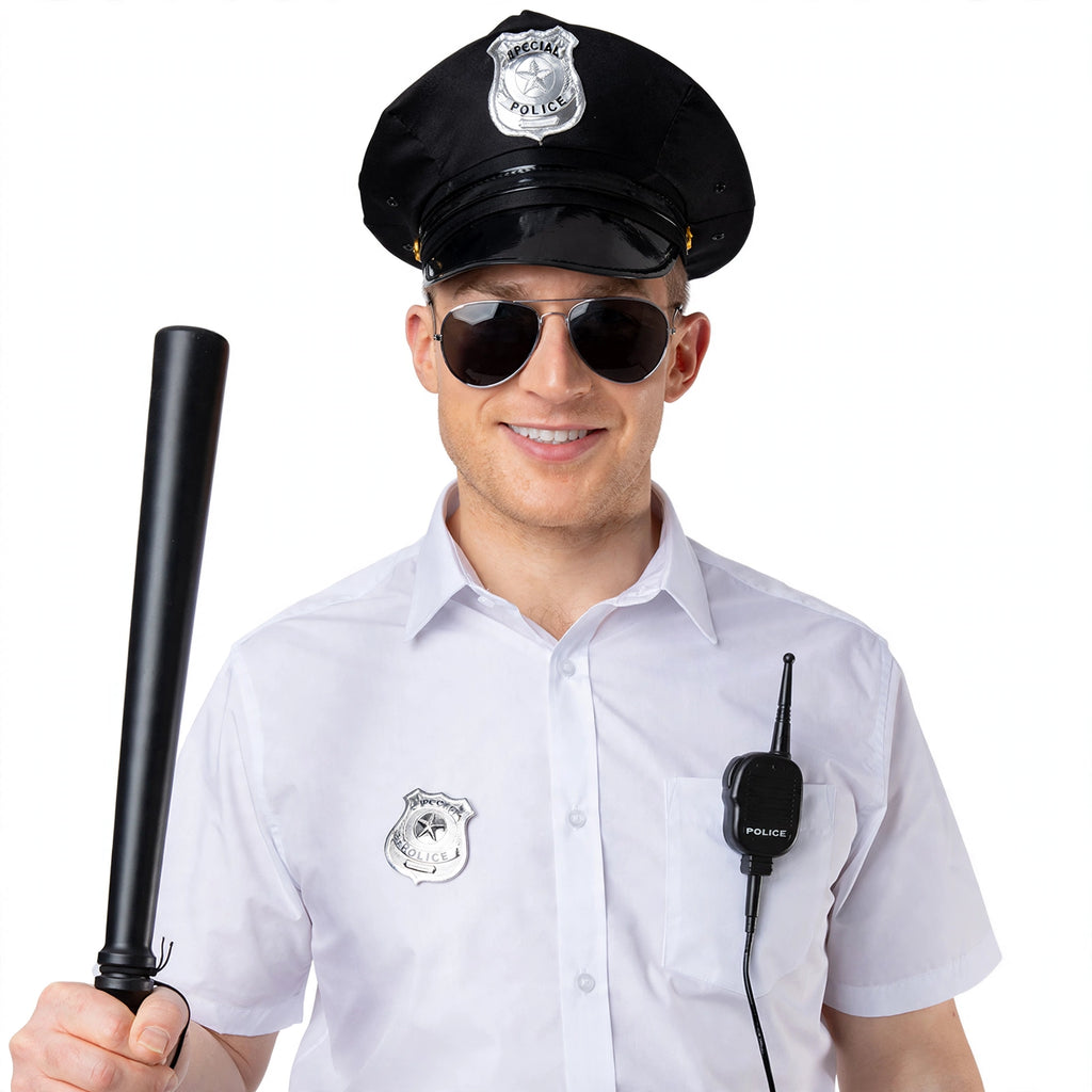 Close-up view of the Instant Cop Fancy Dress Police Set accessories including badge and radio set