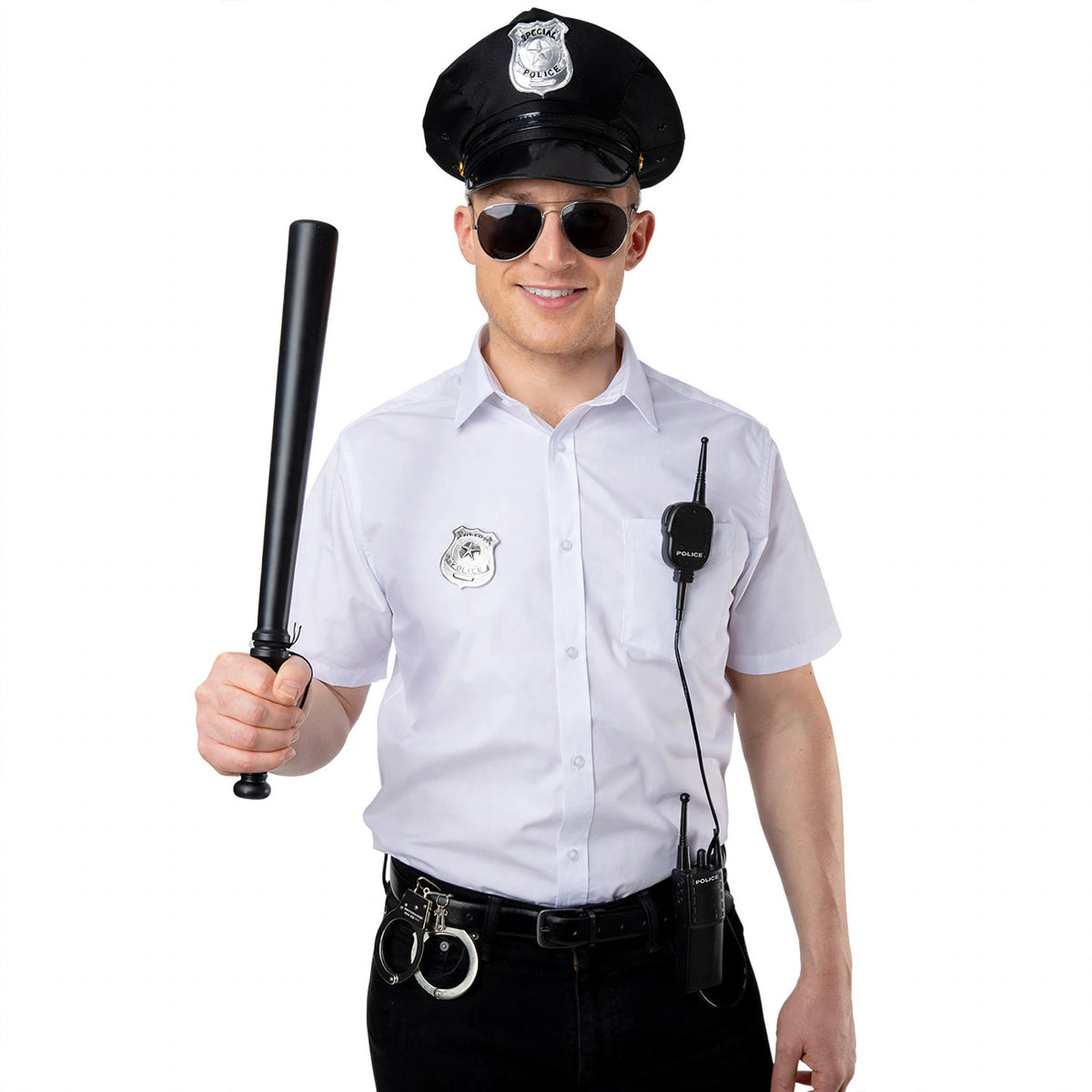 Instant Cop Fancy Dress Police Set with police hat, shades, badge, cuffs, radio set, and baton