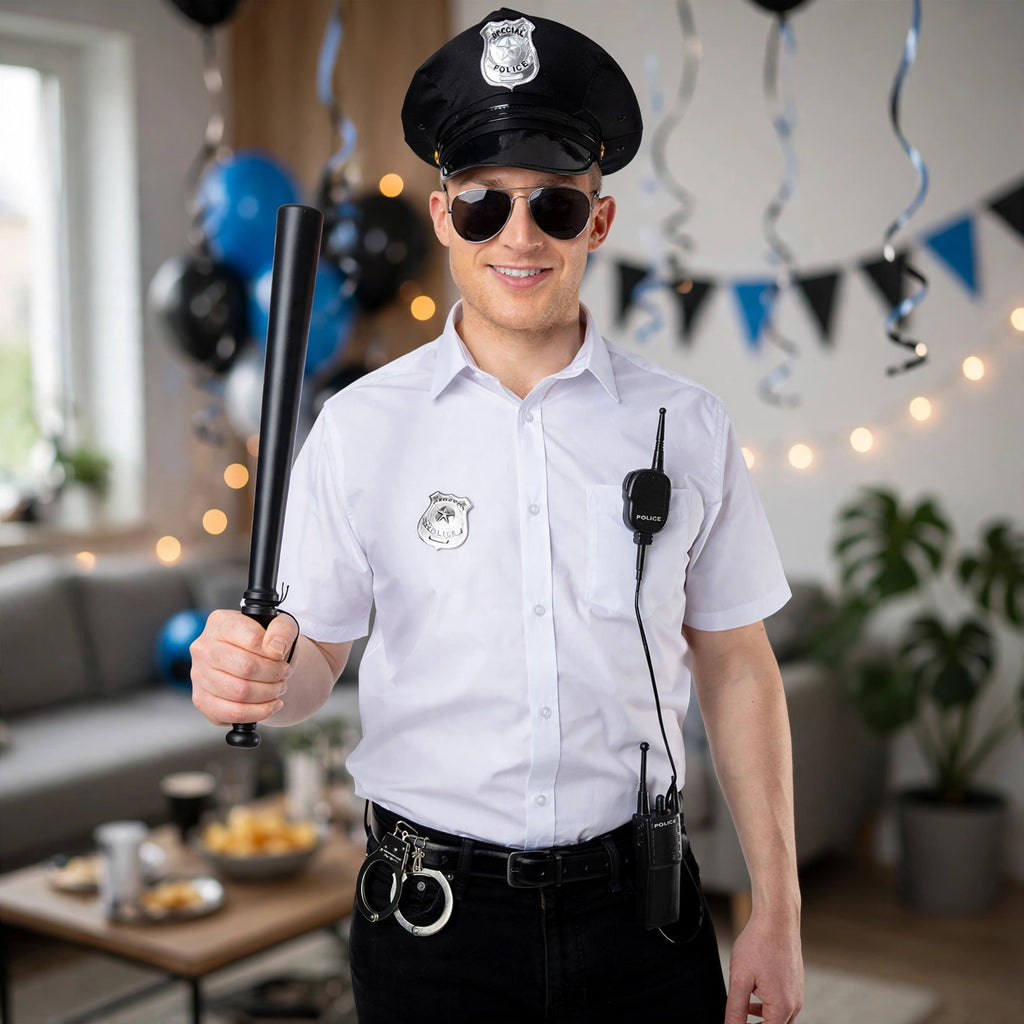 Person wearing the Instant Cop Fancy Dress Police Set at a fancy dress event
