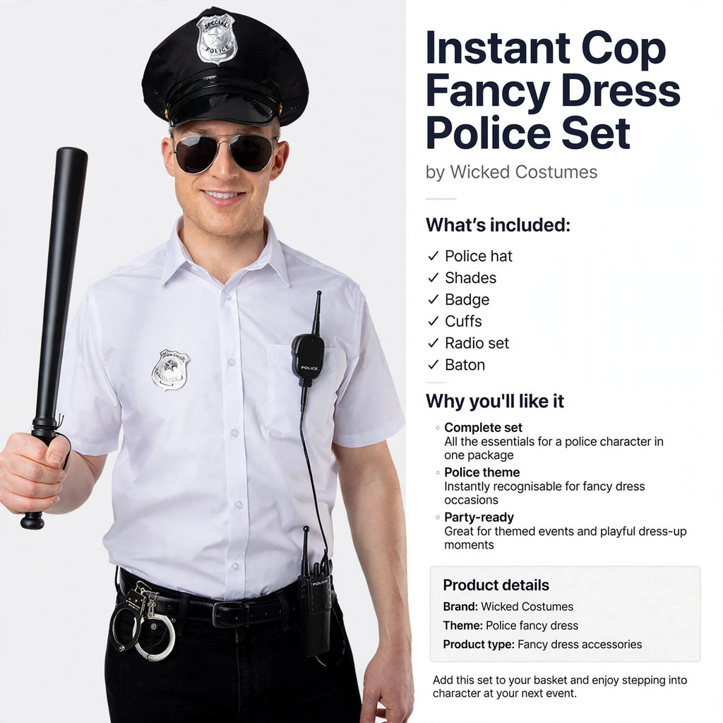 Complete police-themed fancy dress set with all essentials for character dressing