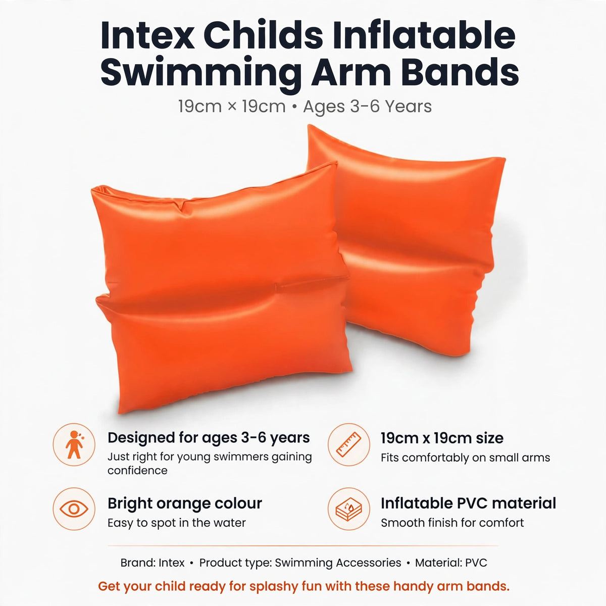 Infographic showing features of Intex inflatable swimming arm bands including age suitability, size, colour, and PVC material