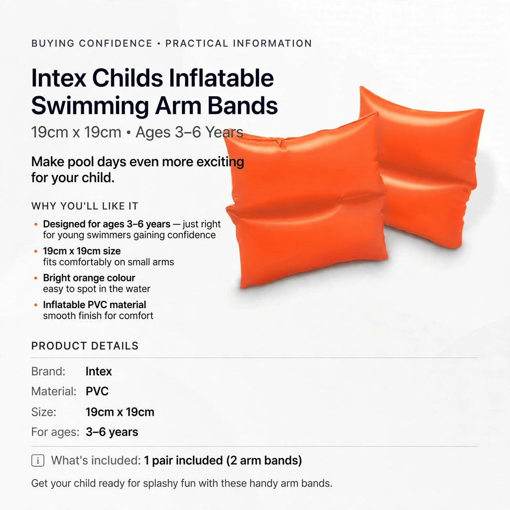 Information on Intex swimming arm bands designed for children aged 3 to 6 years with 19cm x 19cm size and bright orange colour