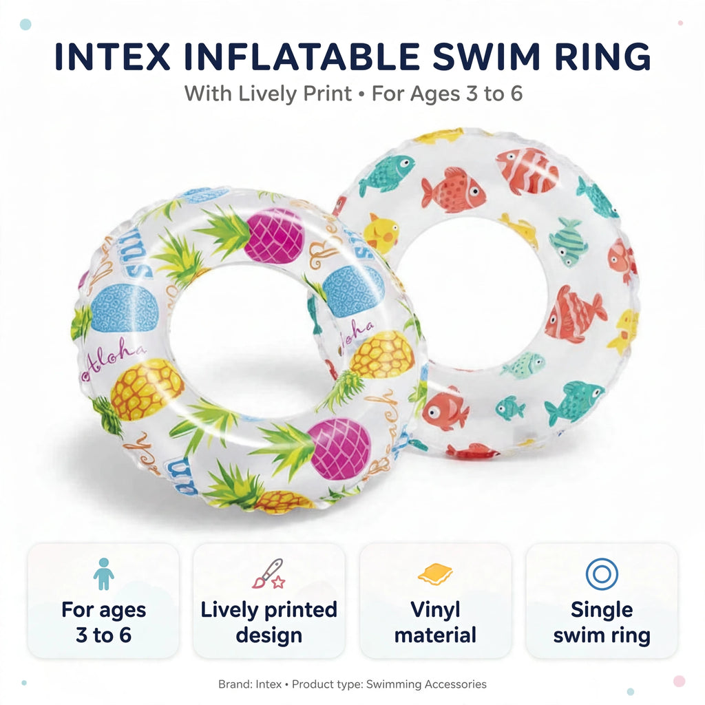 Inflatable swim ring features for children aged 3 to 6 with lively printed design and vinyl material