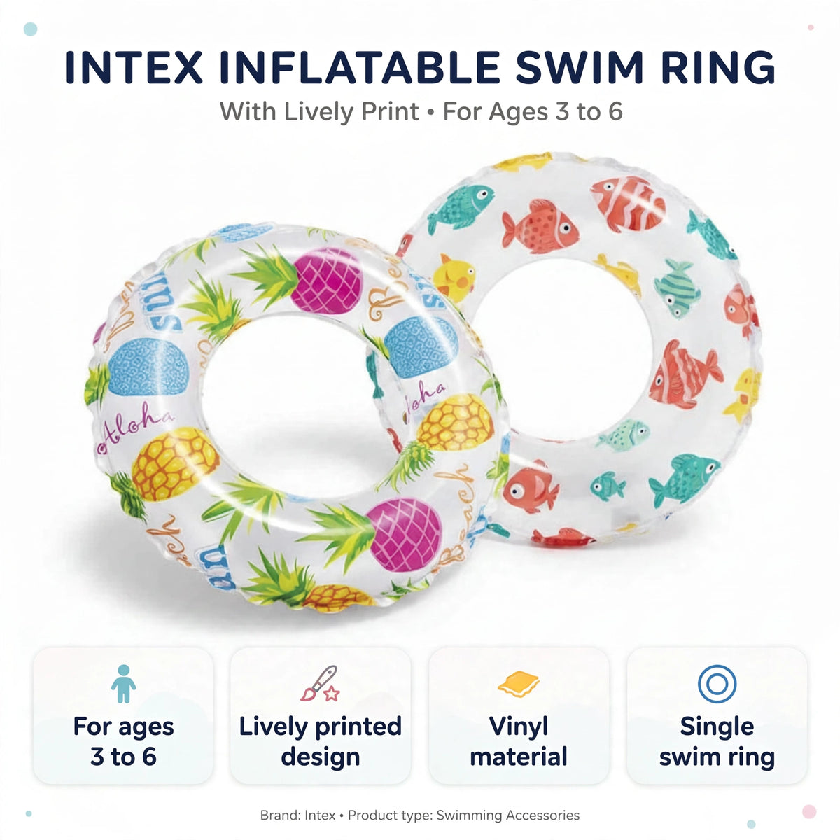 Inflatable swim ring features for children aged 3 to 6 with lively printed design and vinyl material