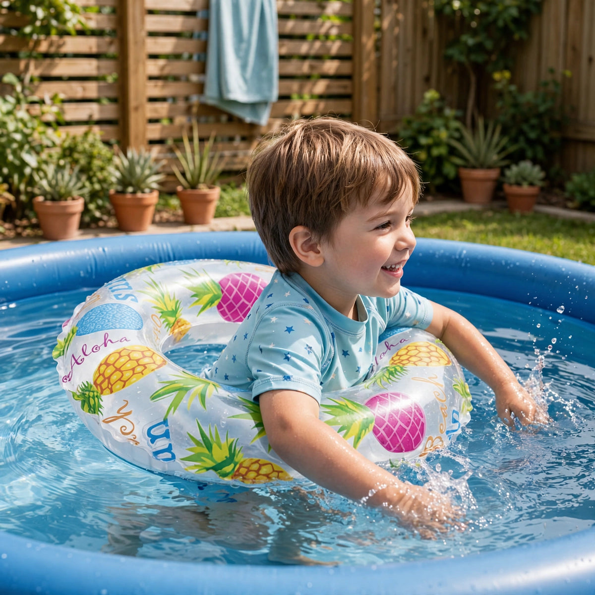 Child using Intex inflatable swim ring during pool or beach activities