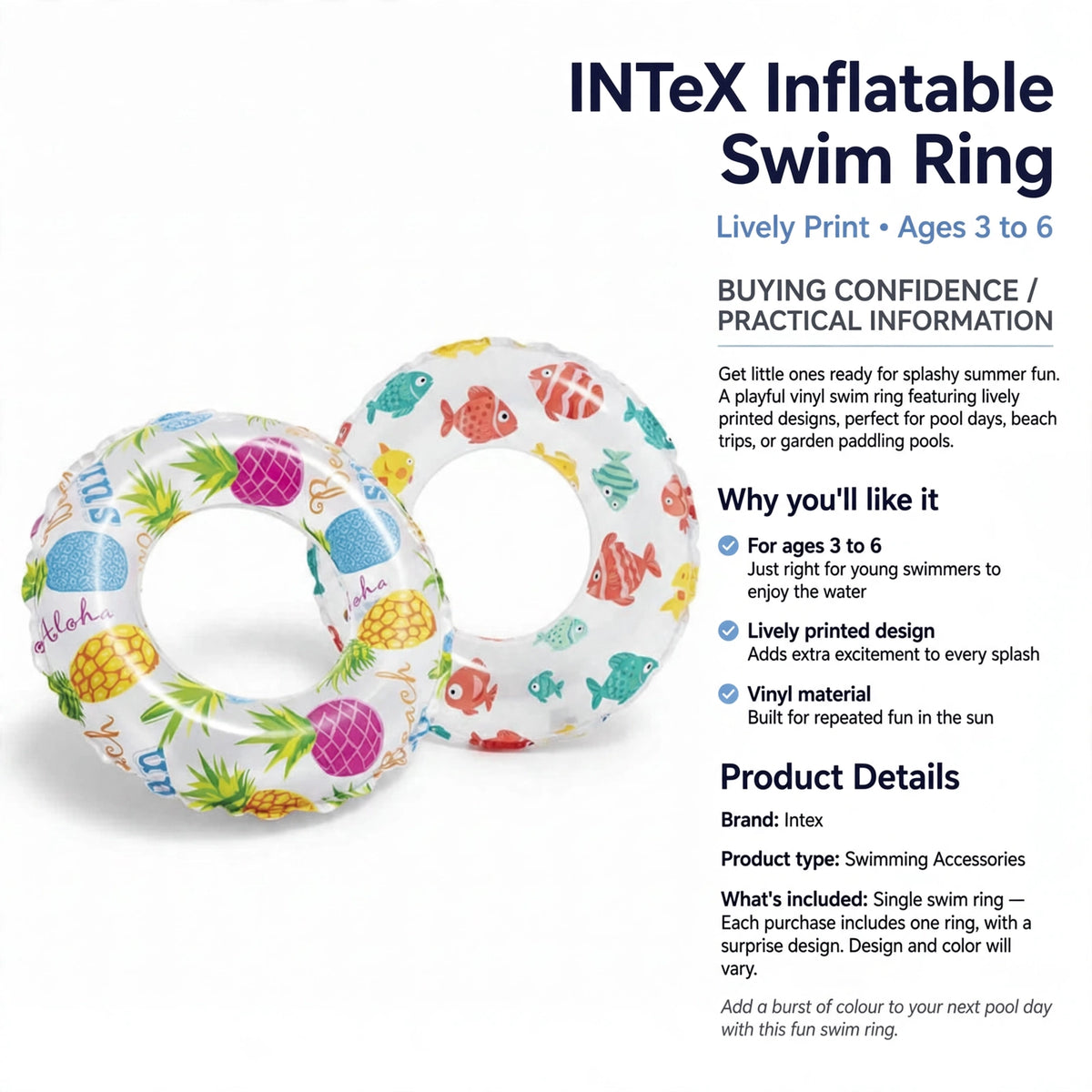 Single vinyl swim ring designed for children aged 3 to 6 with varying designs