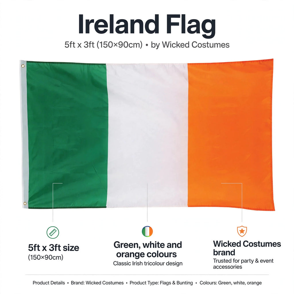 Ireland Flag features 5ft x 3ft size and green white and orange colours