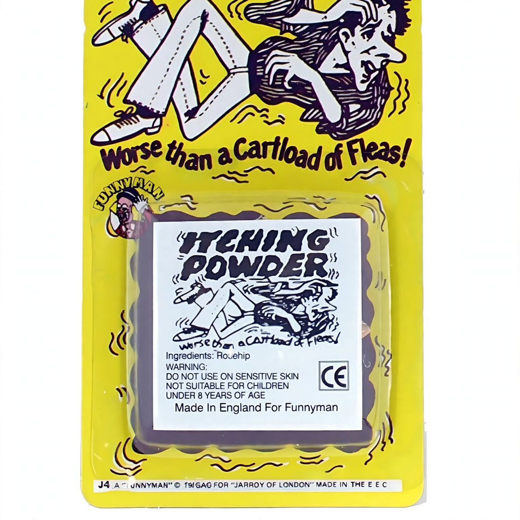 Close-up view of Itching Powder Prank novelty gag gift packaging