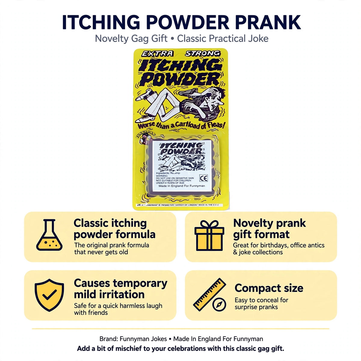 Infographic showing classic itching powder formula, novelty prank gift format, temporary mild irritation, and compact size
