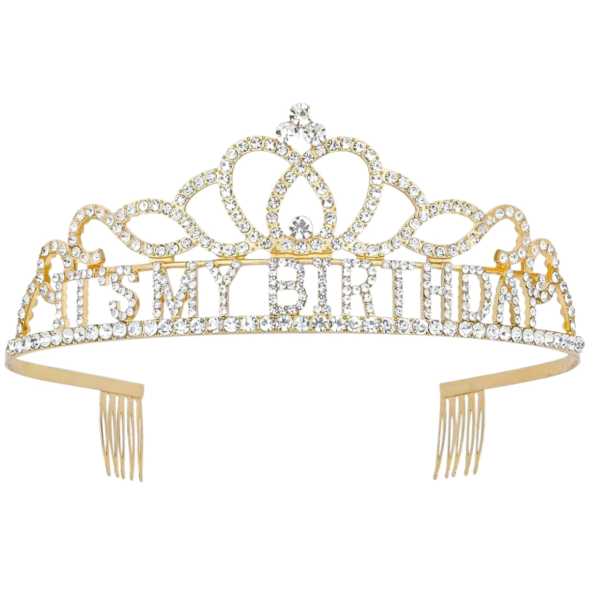 It's My Birthday Tiara Gold Rhinestone & Alloy Metal Crown Headband With Comb