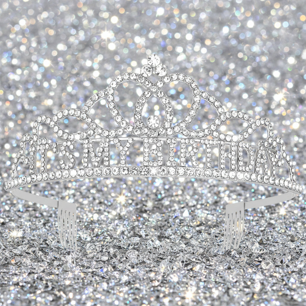 Silver tiara with 'It's My Birthday' text on a white background