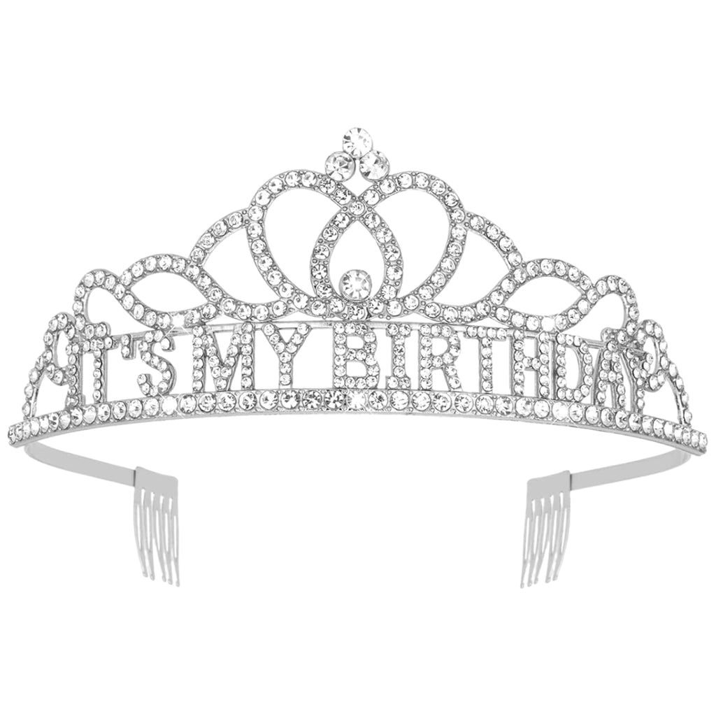 It's My Birthday Tiara Silver Rhinestone & Alloy Metal Crown Headband With Comb