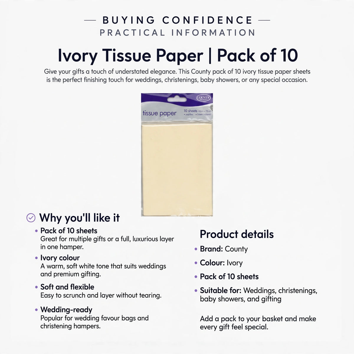 Pack of 10 ivory tissue paper sheets suitable for weddings, christenings, and baby showers