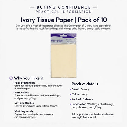 Pack of 10 ivory tissue paper sheets suitable for weddings, christenings, and baby showers