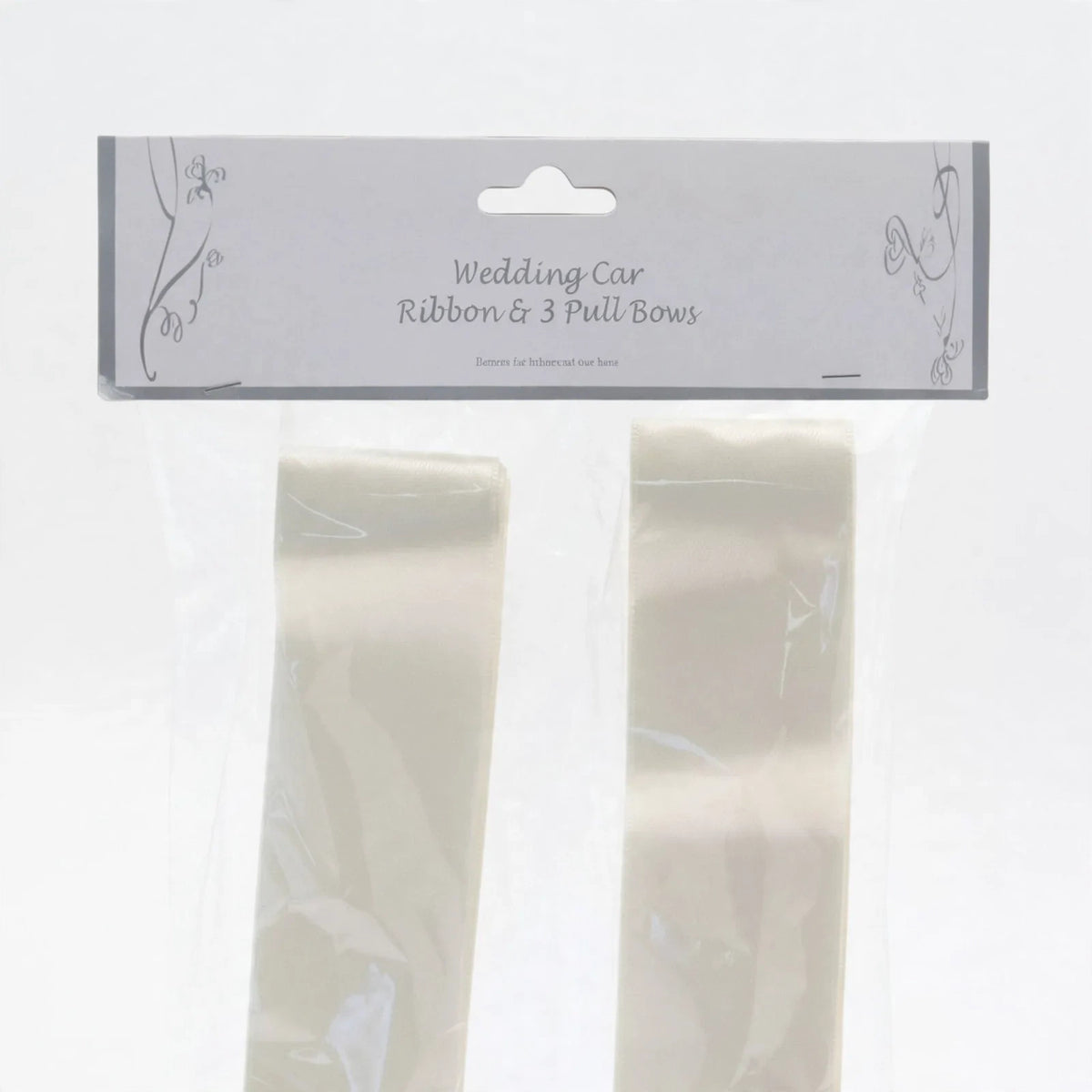Close-up view of ivory satin ribbon and pre-tied pull bow for wedding car decoration