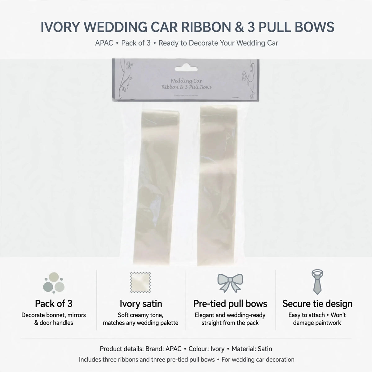 Infographic showing pack of three ivory satin ribbons with pre-tied pull bows and secure tie design