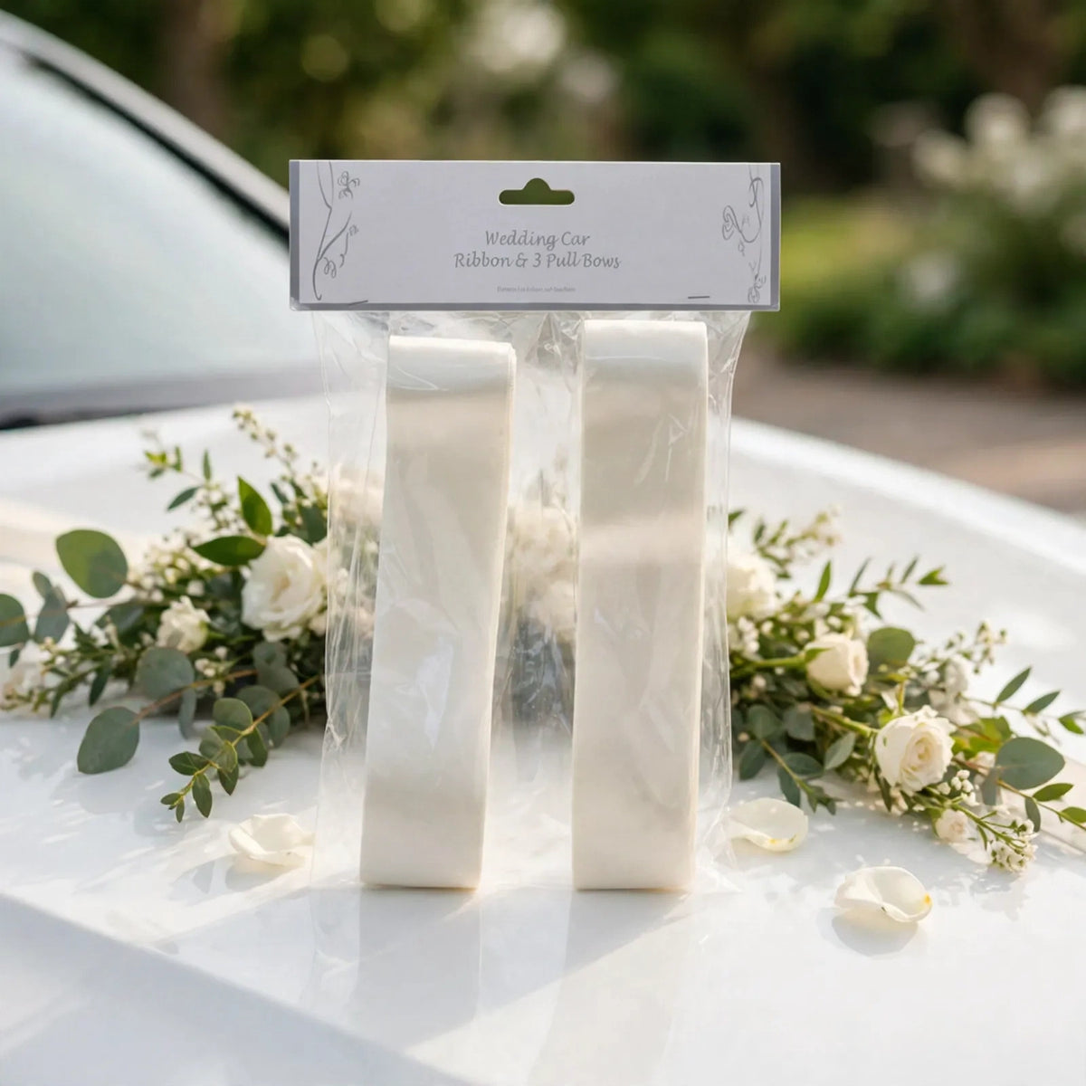 Ivory satin wedding car ribbons and pull bows attached to car bonnet and mirrors for wedding decoration
