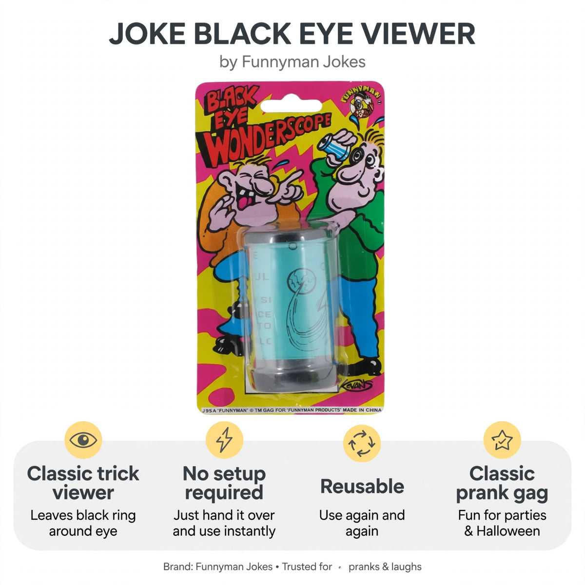 Infographic showing features: classic trick, black ring effect, no setup, reusable