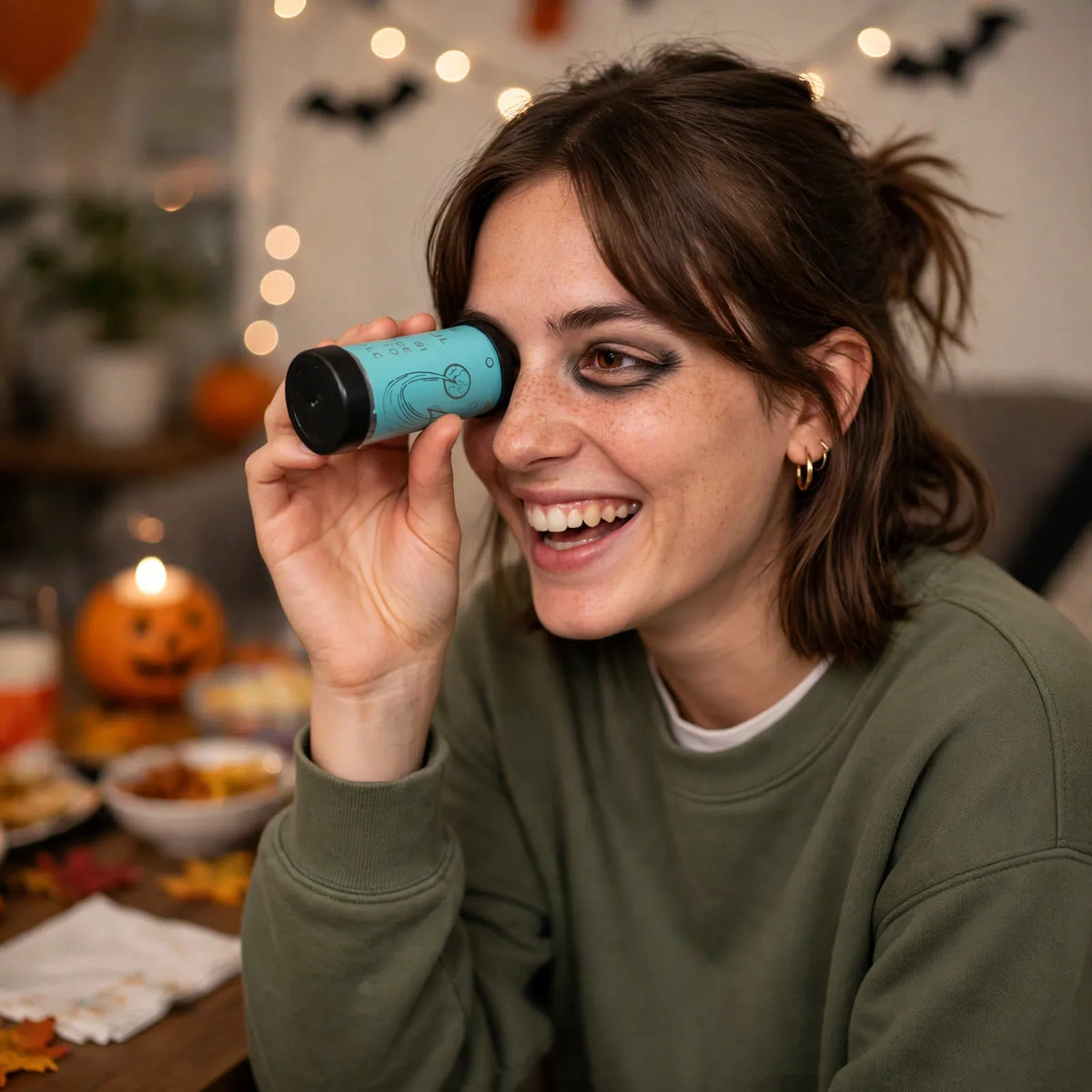 Person using Joke Black Eye Viewer to create black ring prank
