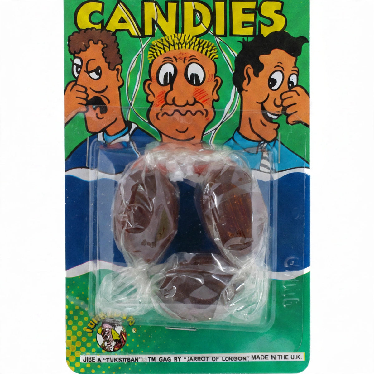 Close-up view of Joke Fart Candies prank sweets