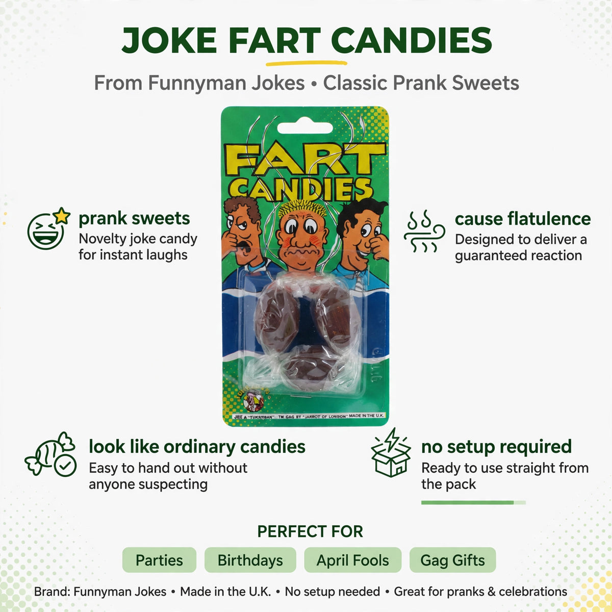 Infographic showing prank sweets that cause flatulence and look like ordinary candies