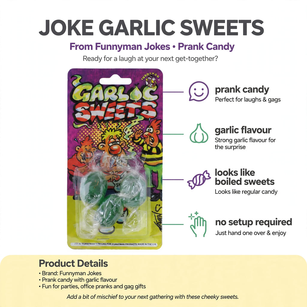 Infographic showing prank candy features including garlic flavour and no setup required