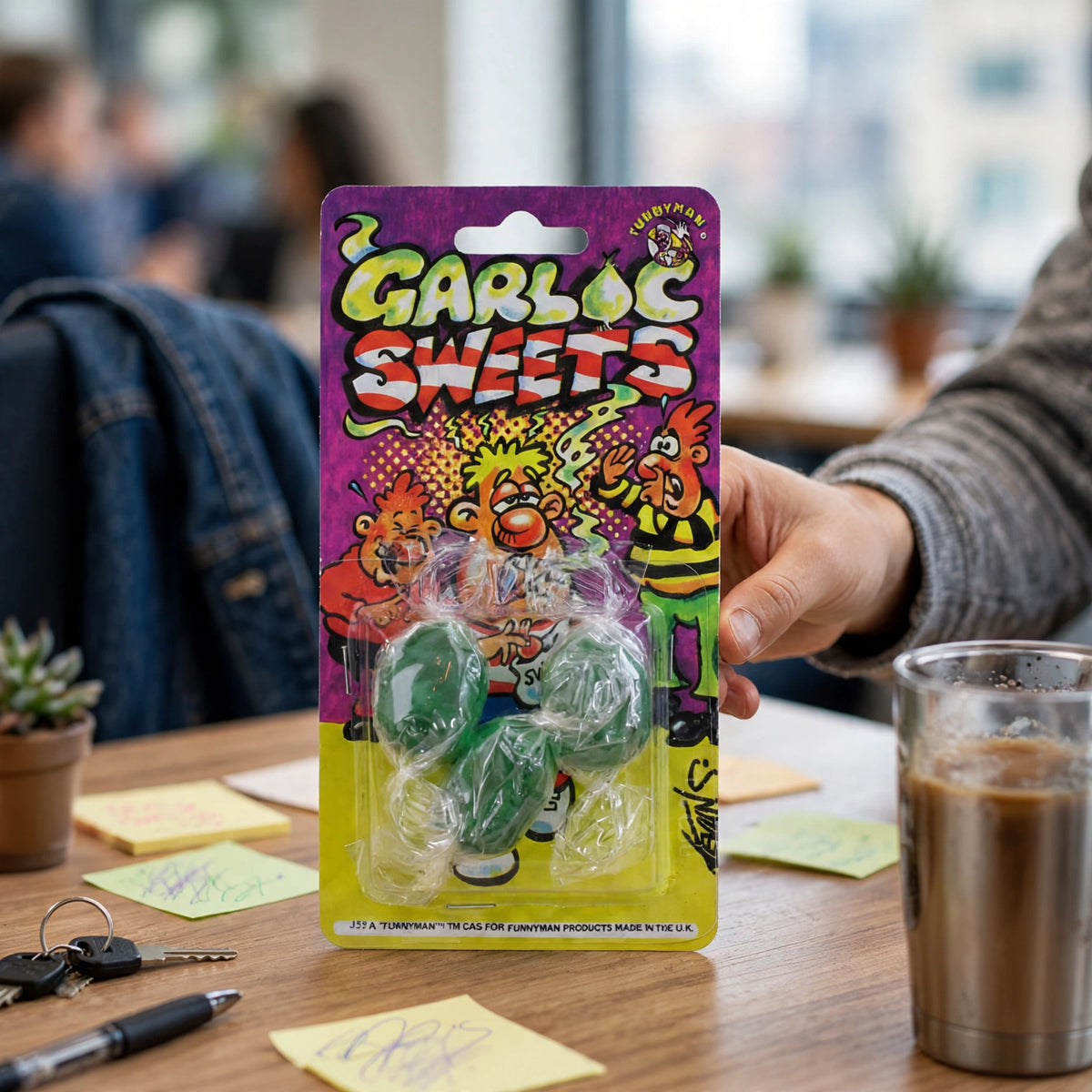 Joke Garlic Sweets being shared at a party or office prank setting