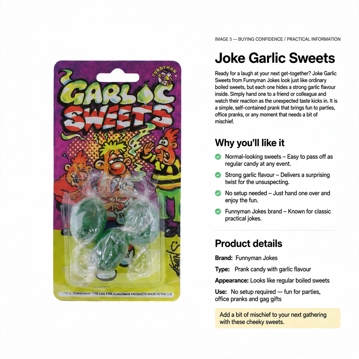Joke Garlic Sweets prank candy with strong garlic flavour and no setup needed