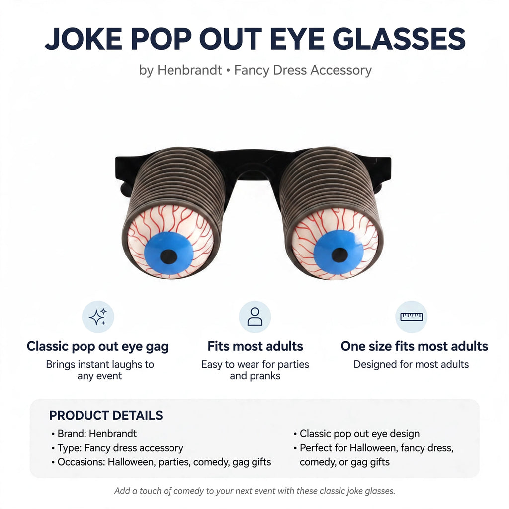 Infographic showing classic pop out eye gag and one size fits most adults