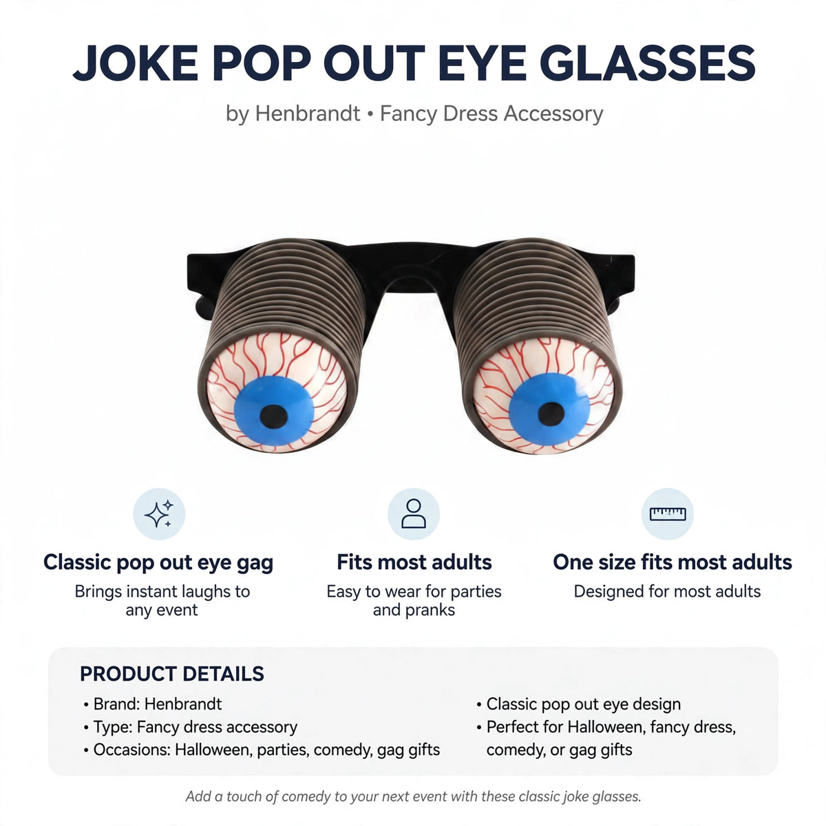 Infographic showing classic pop out eye gag and one size fits most adults