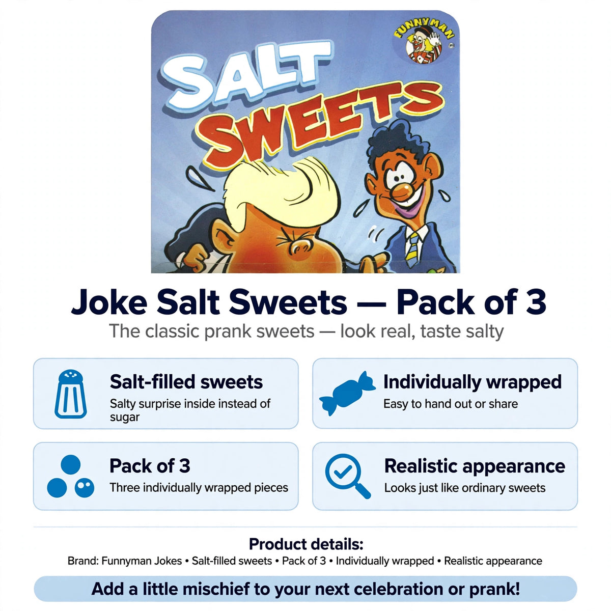 Infographic showing salt-filled sweets, pack of 3, individually wrapped, realistic appearance