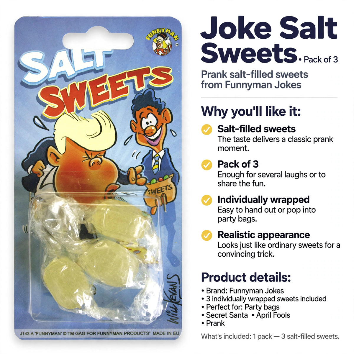 Salt-filled sweets in a pack of 3 with individual wrapping for sharing or pranks