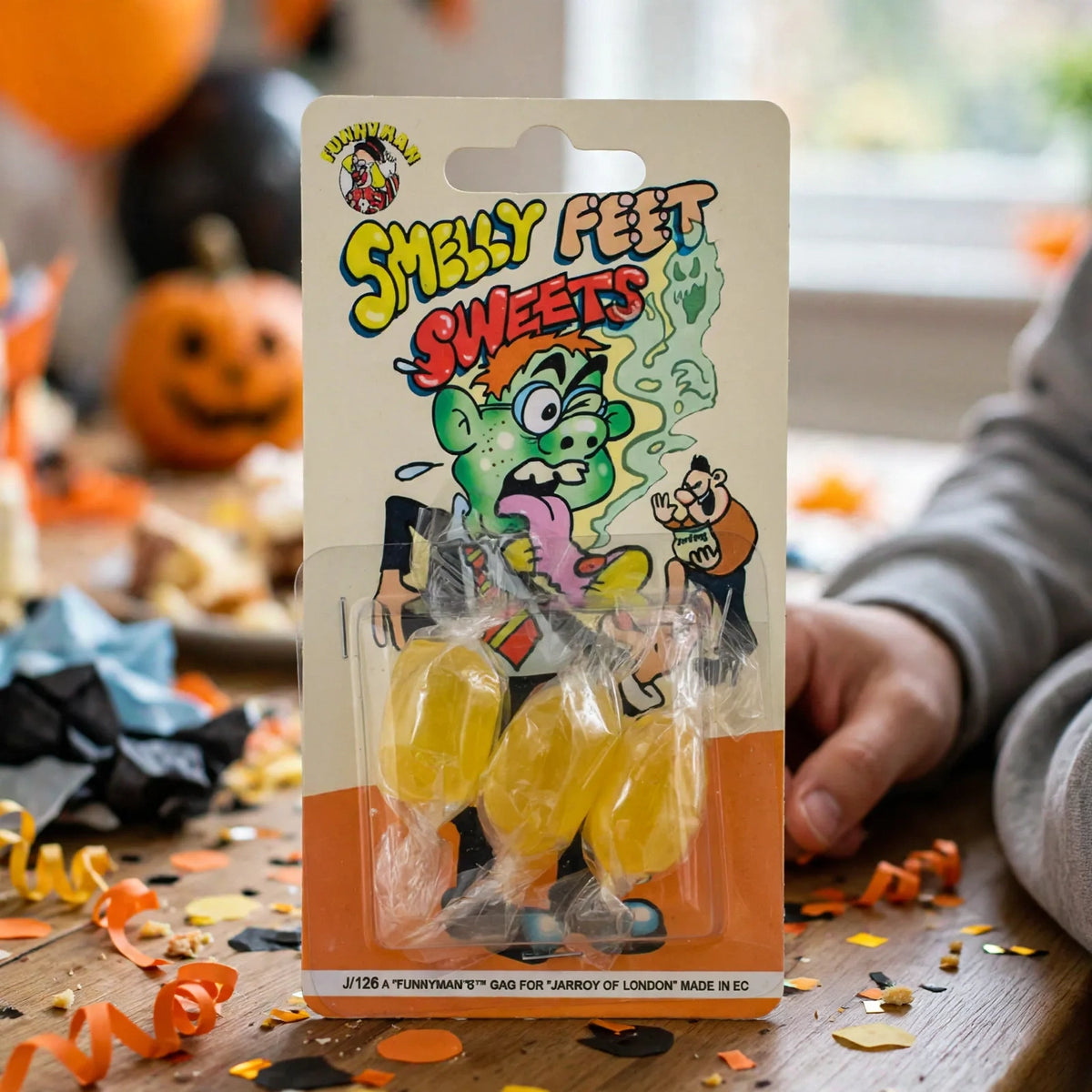 Joke Smelly Feet Sweets used as a prank candy for April Fools, Halloween, birthdays, or party pranks