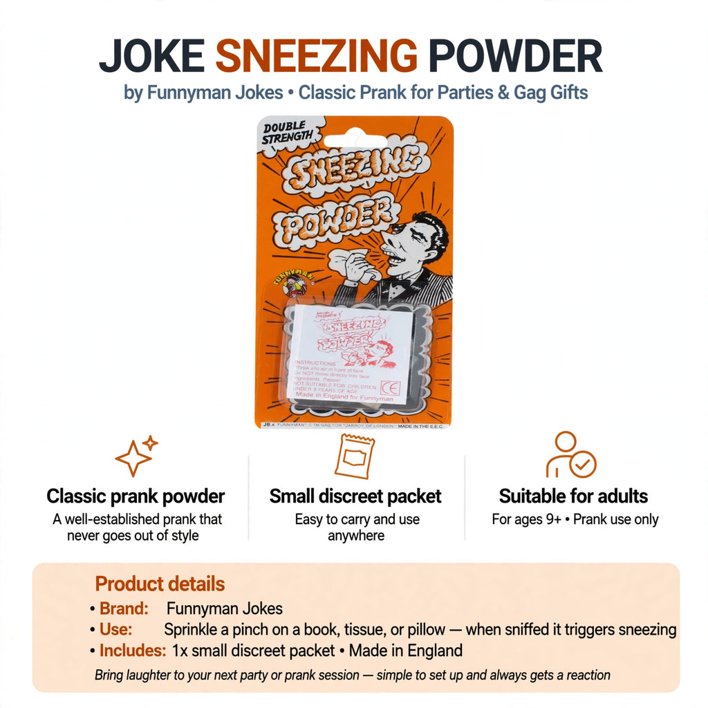 Features of Joke Sneezing Powder including classic prank powder and small discreet packet