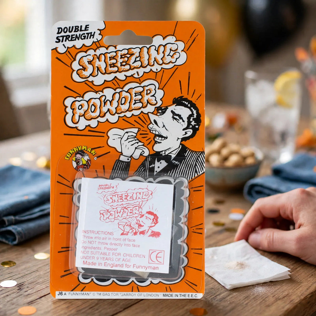 Joke Sneezing Powder used for pranks at a party setting