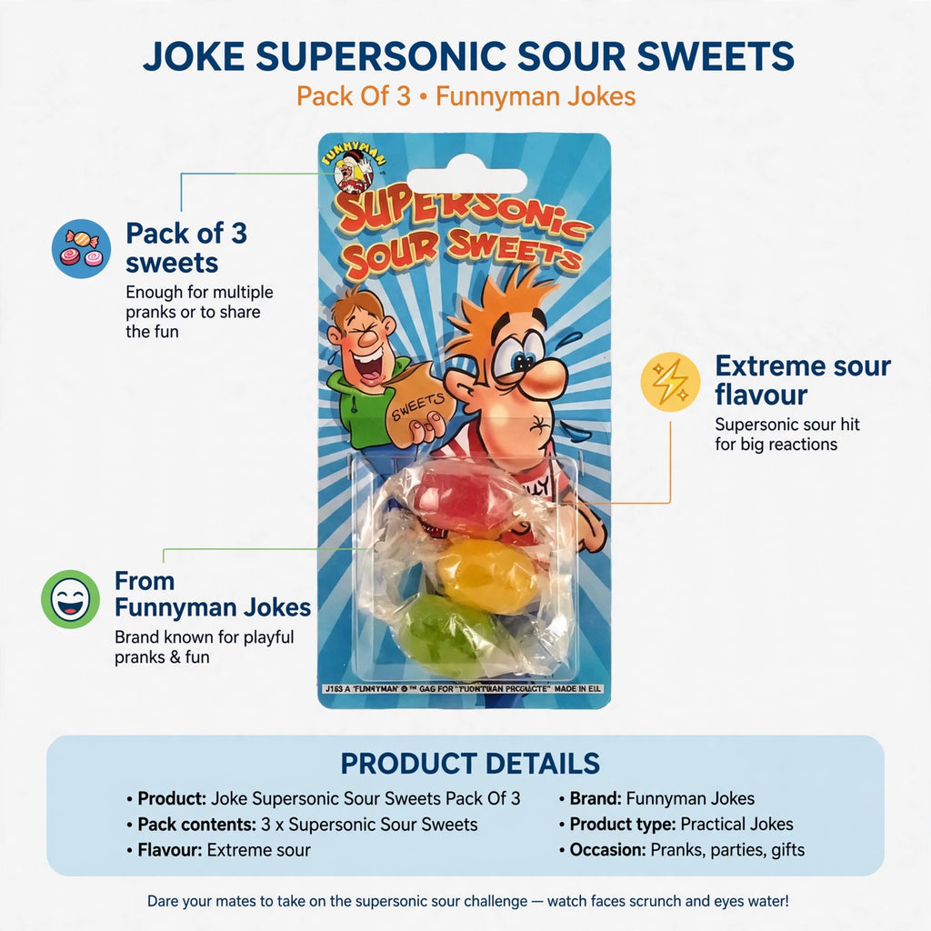 Infographic showing pack of 3 supersonic sour sweets with extreme sour flavour