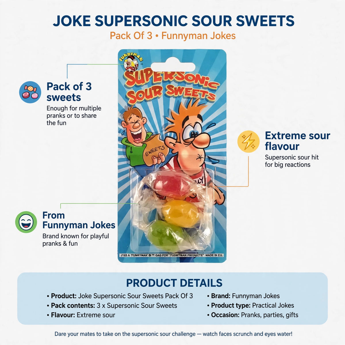 Infographic showing pack of 3 supersonic sour sweets with extreme sour flavour